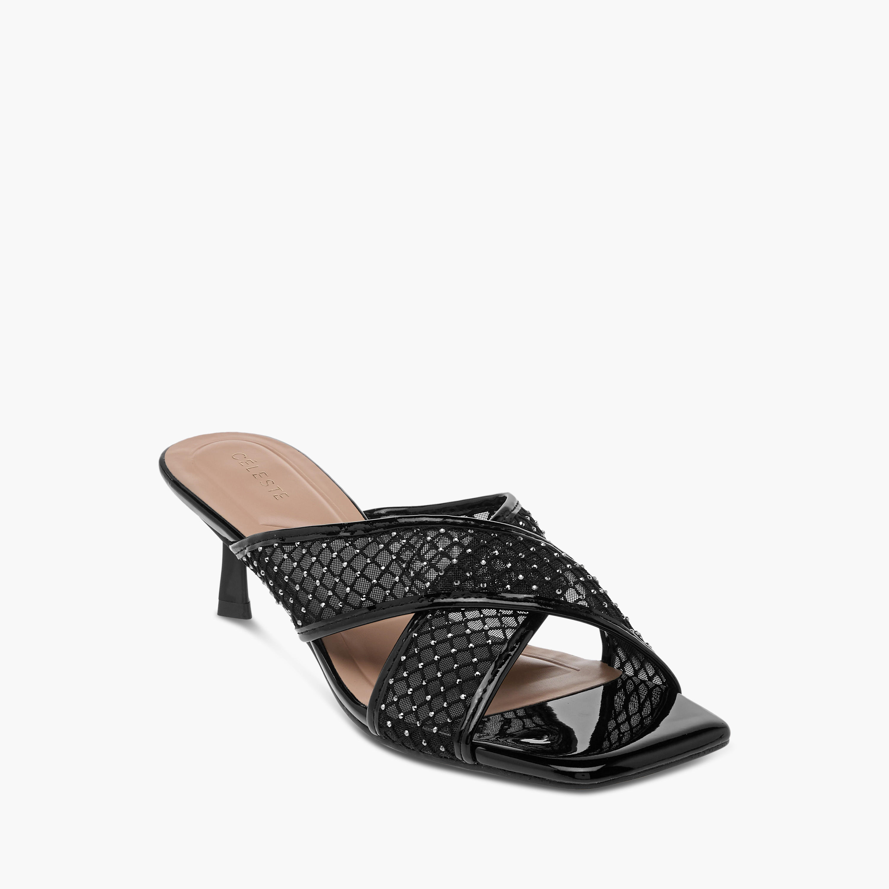 Celeste Women's Embellished Slip-On Cross Strap Sandals with Kitten Heels-women-shoes-sandals-heeled-image-2