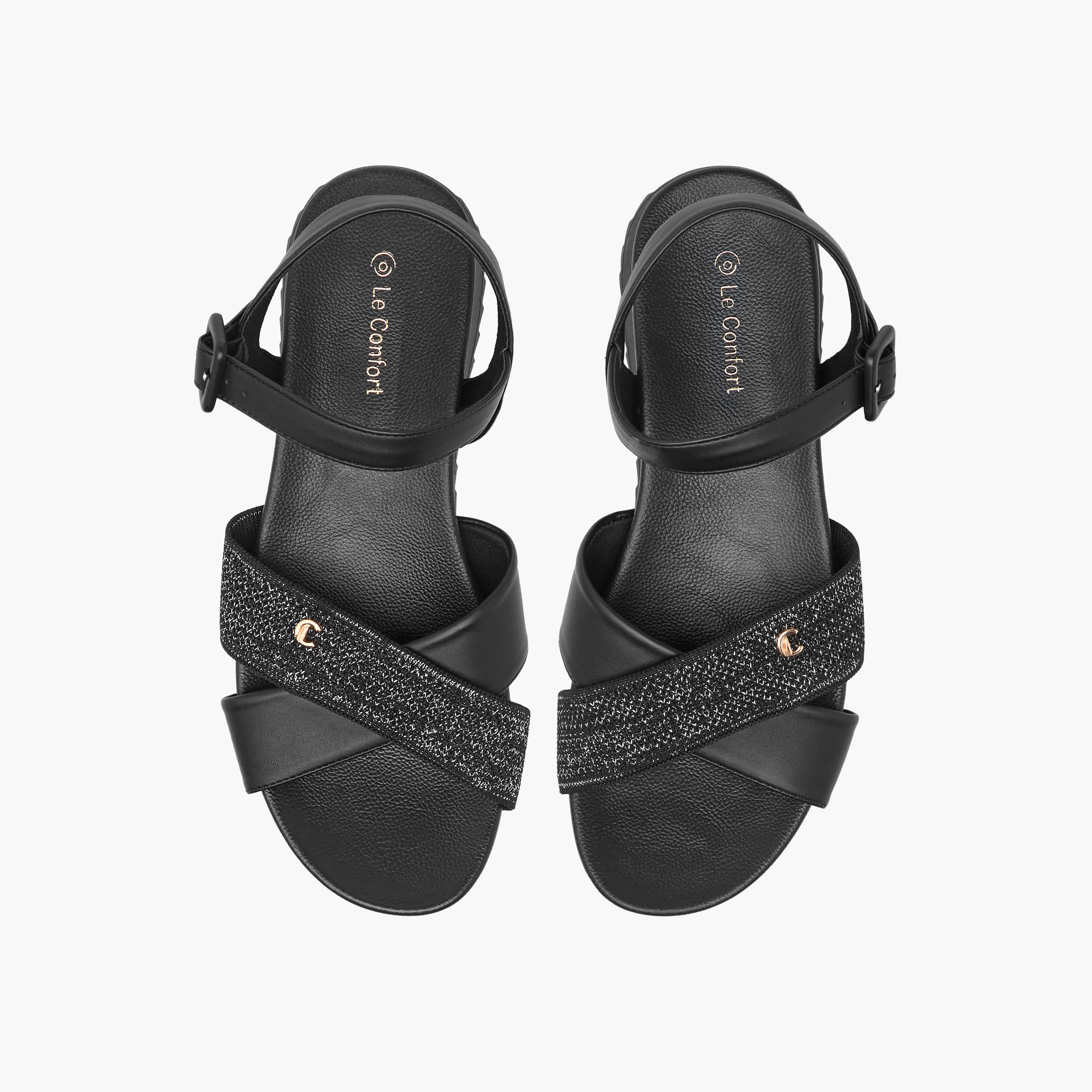 Le Confort Textured Cross Strap Comfort Sandals with Buckle Closure-women-shoes-flats-sandals-image-1
