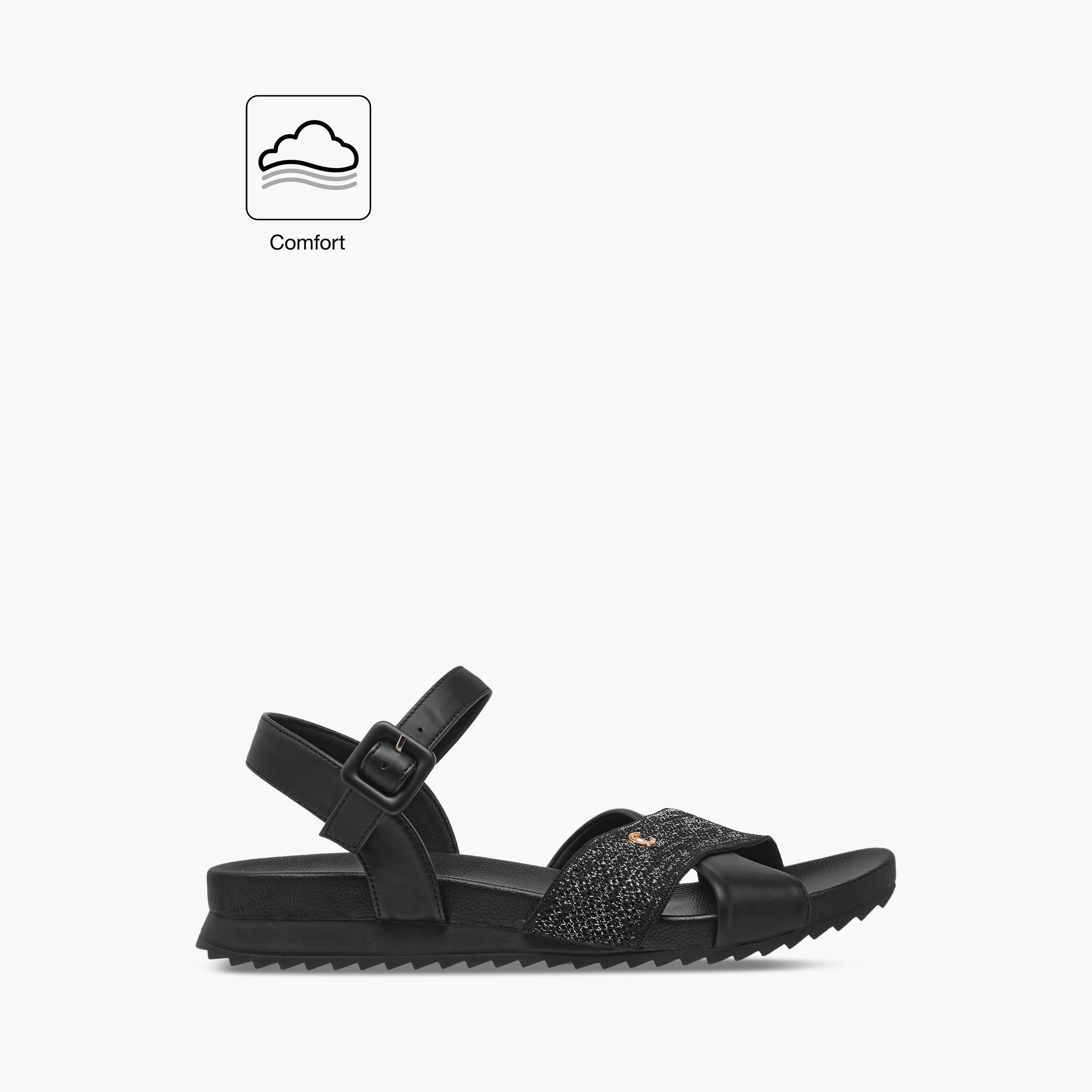 Le Confort Textured Cross Strap Comfort Sandals with Buckle Closure-women-shoes-flats-sandals-image-2