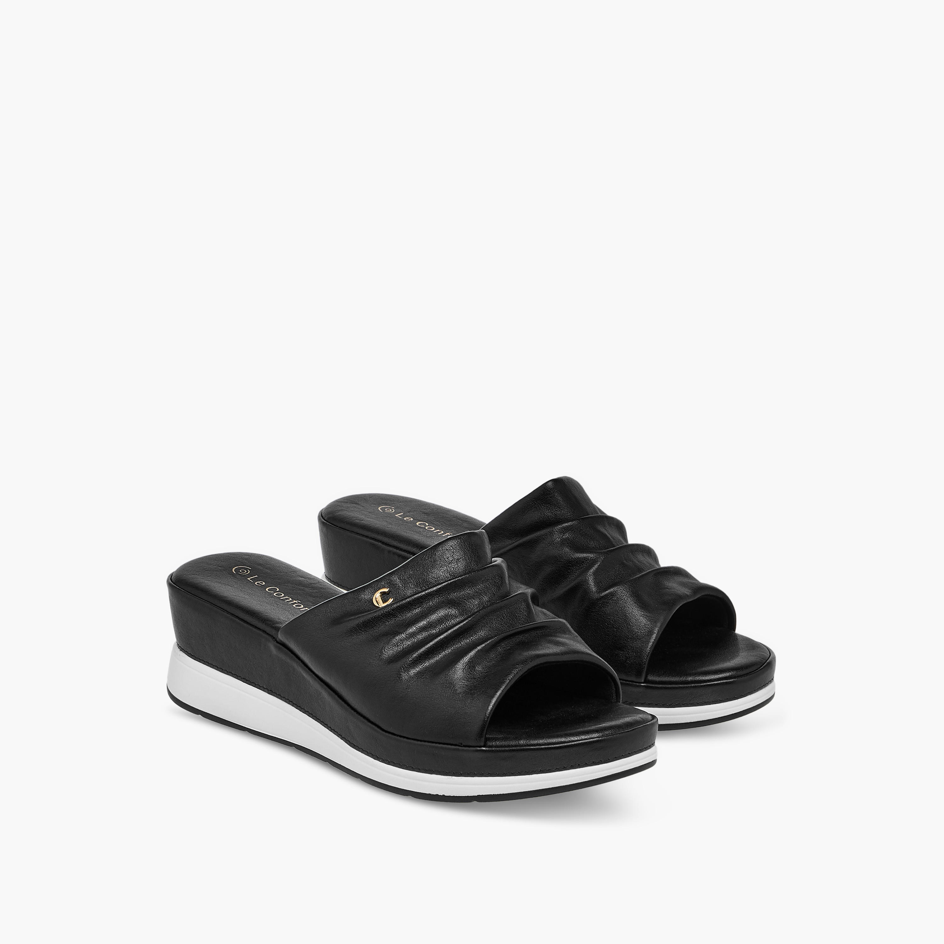 Le Confort Wrinkle Detail Slip-On Sandals with Wedge Heels-women-shoes-sandals-heeled-image-1