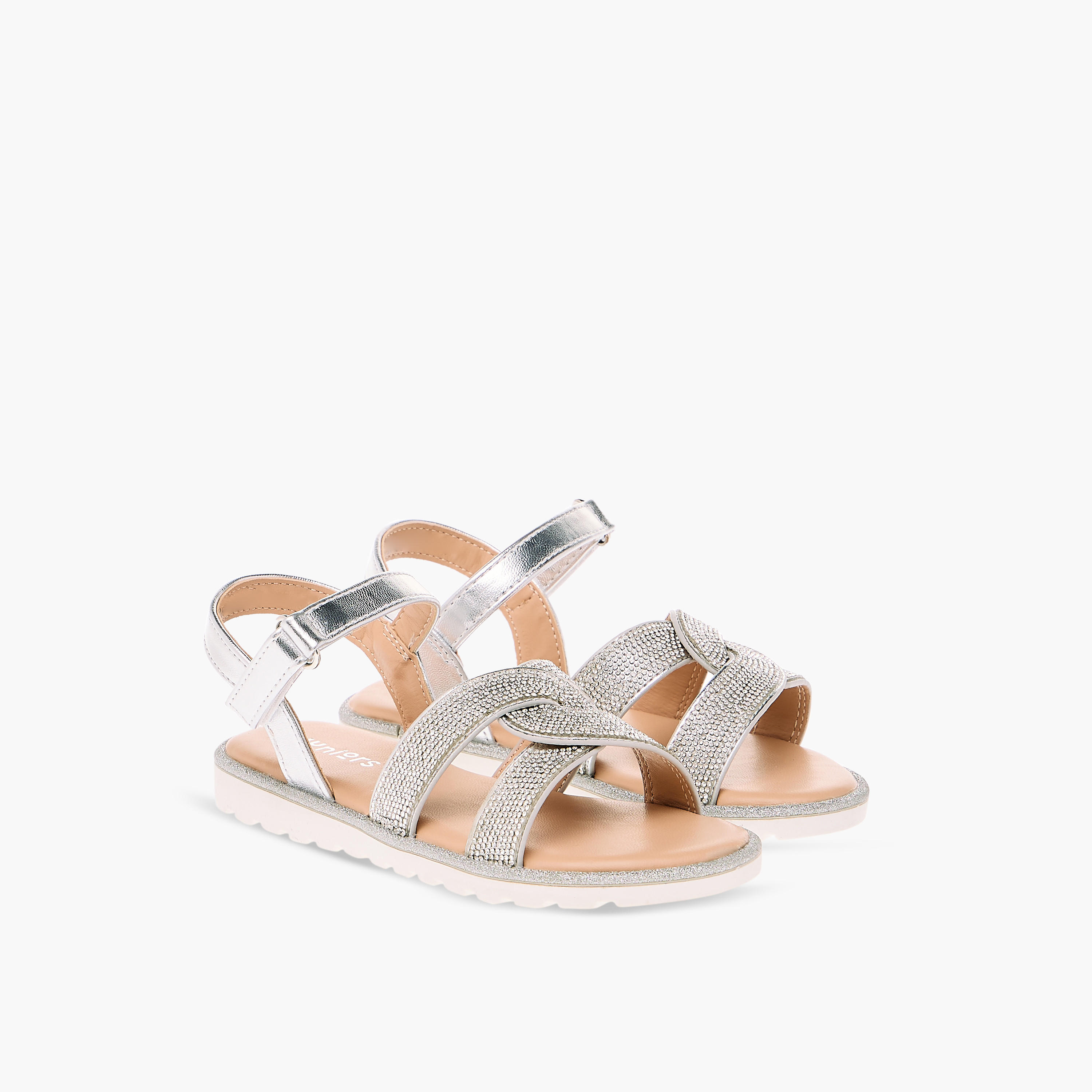Juniors Embellished Flat Sandals with Hook and Loop Closure-girls-shoes-sandals-image-1