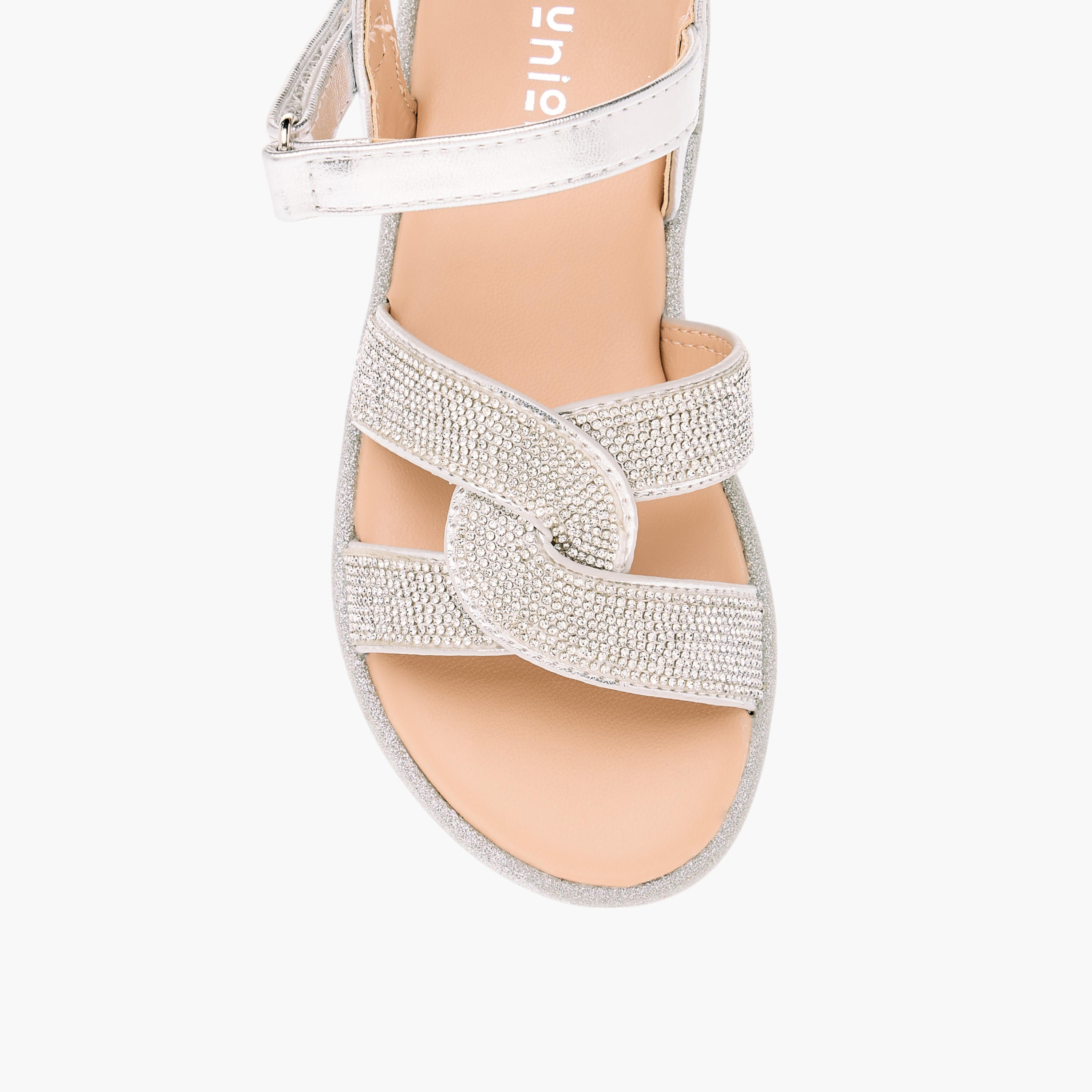 Juniors Embellished Flat Sandals with Hook and Loop Closure-girls-shoes-sandals-image-4