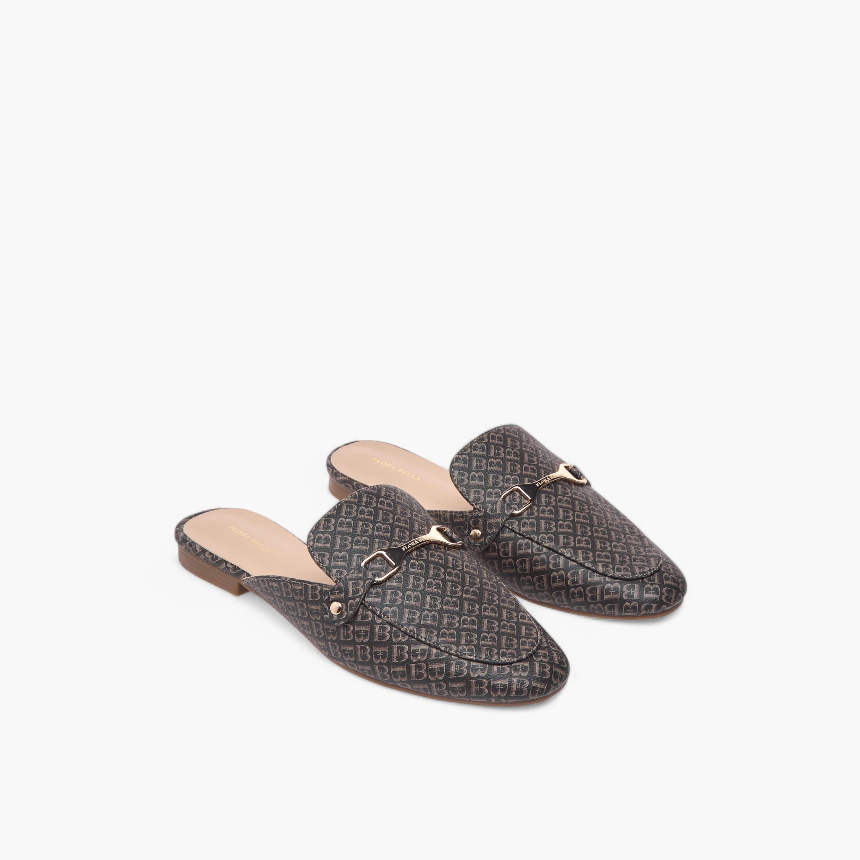 Flora Bella Monogram Print Slip-On Mules with Metal Accent-women-shoes-flats-mules-image-1