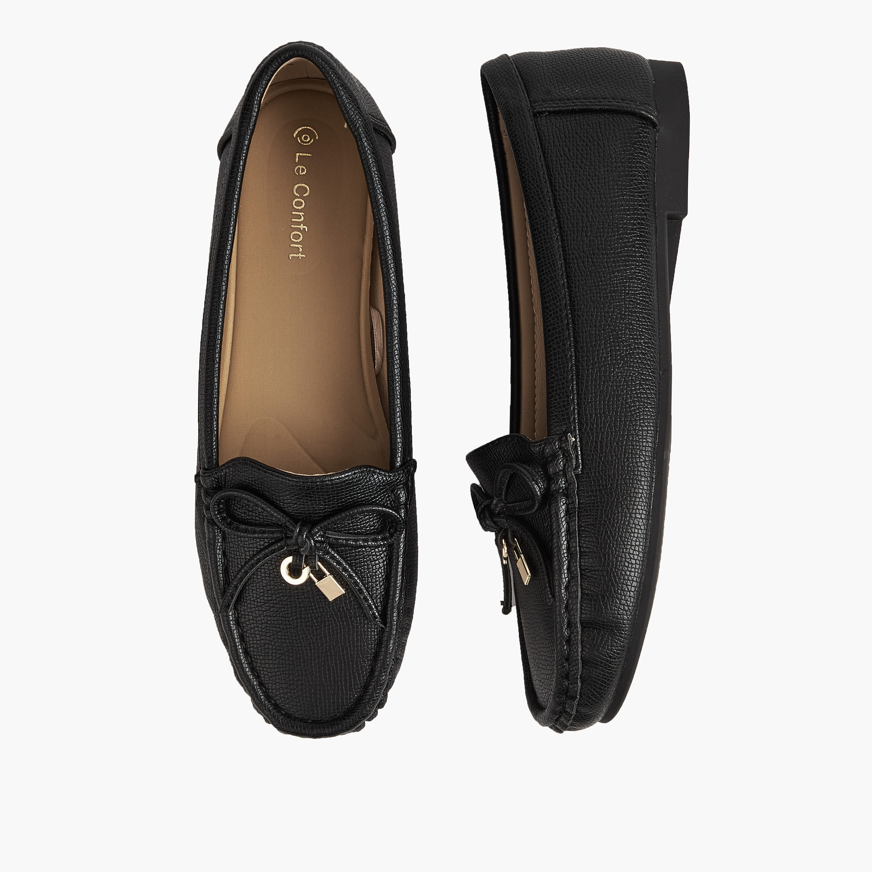 Le Confort Textured Slip-On Loafers with Bow Detail-women-shoes-loafersandmoccasins-image-1