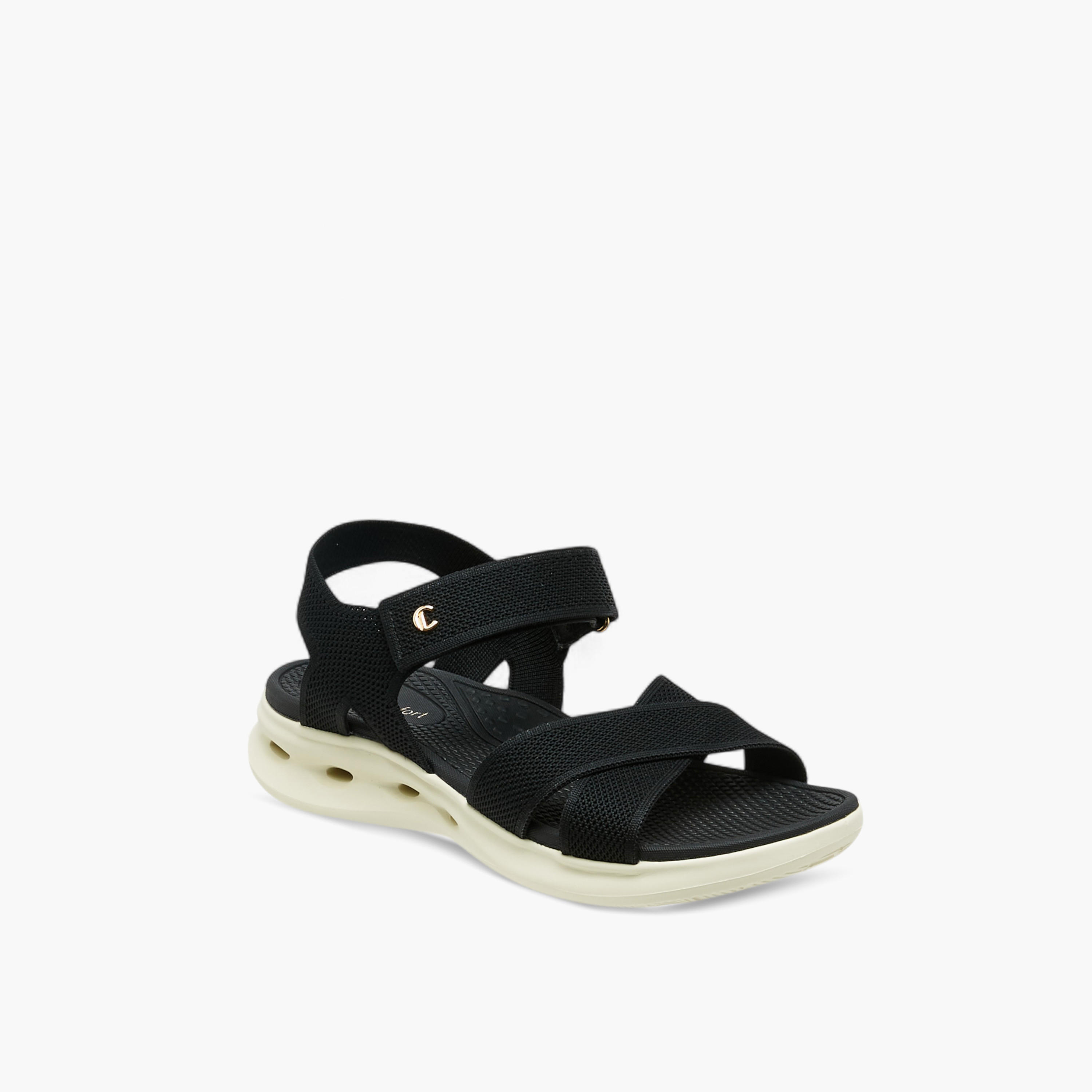 Le Confort Textured Cross Strap Sandals with Hook and Loop Closure-women-shoes-sandals-heeled-image-2