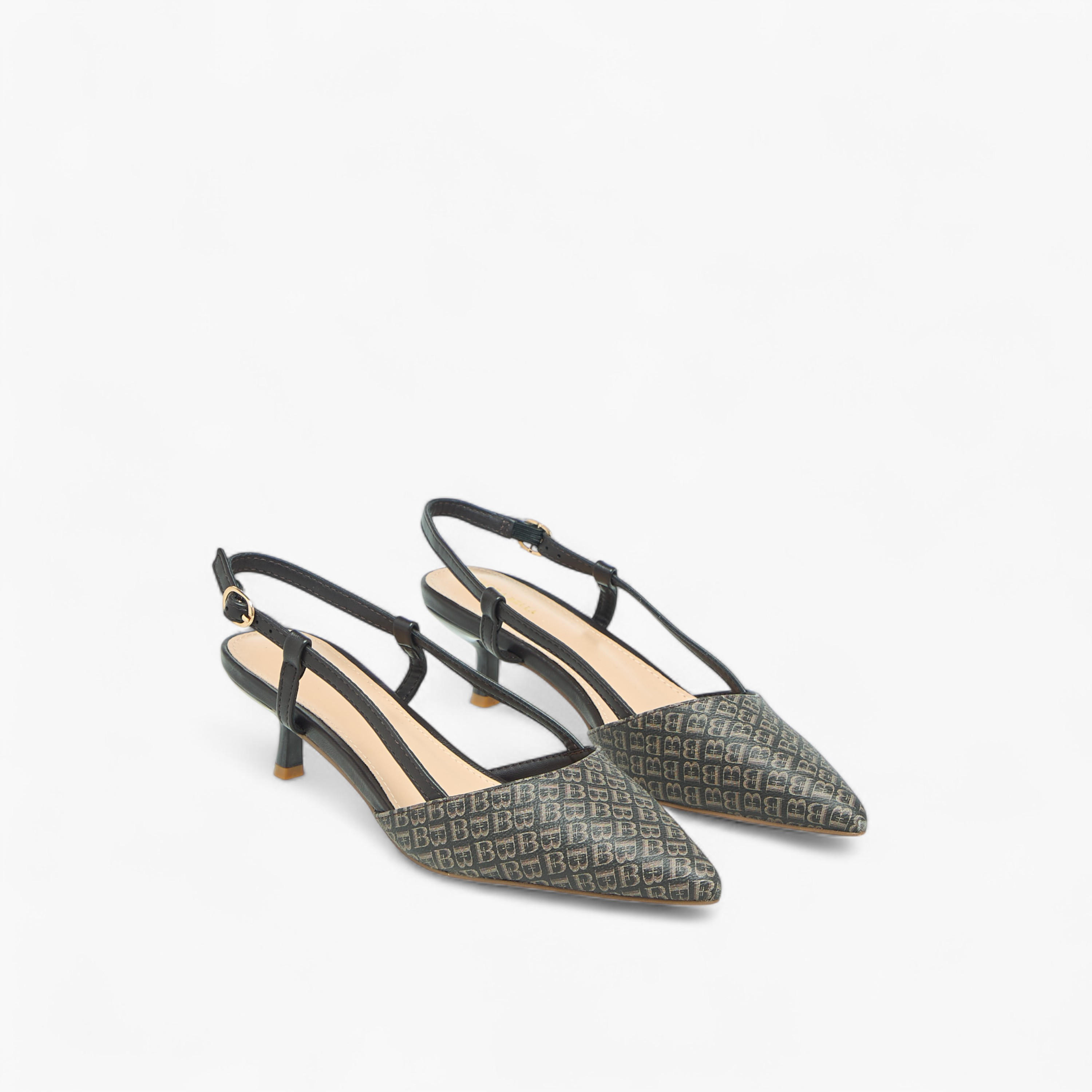 Flora Bella Monogram Print Pointed Toe Shoes with Kitten Heels and Buckle Closure-women-shoes-heels-image-1