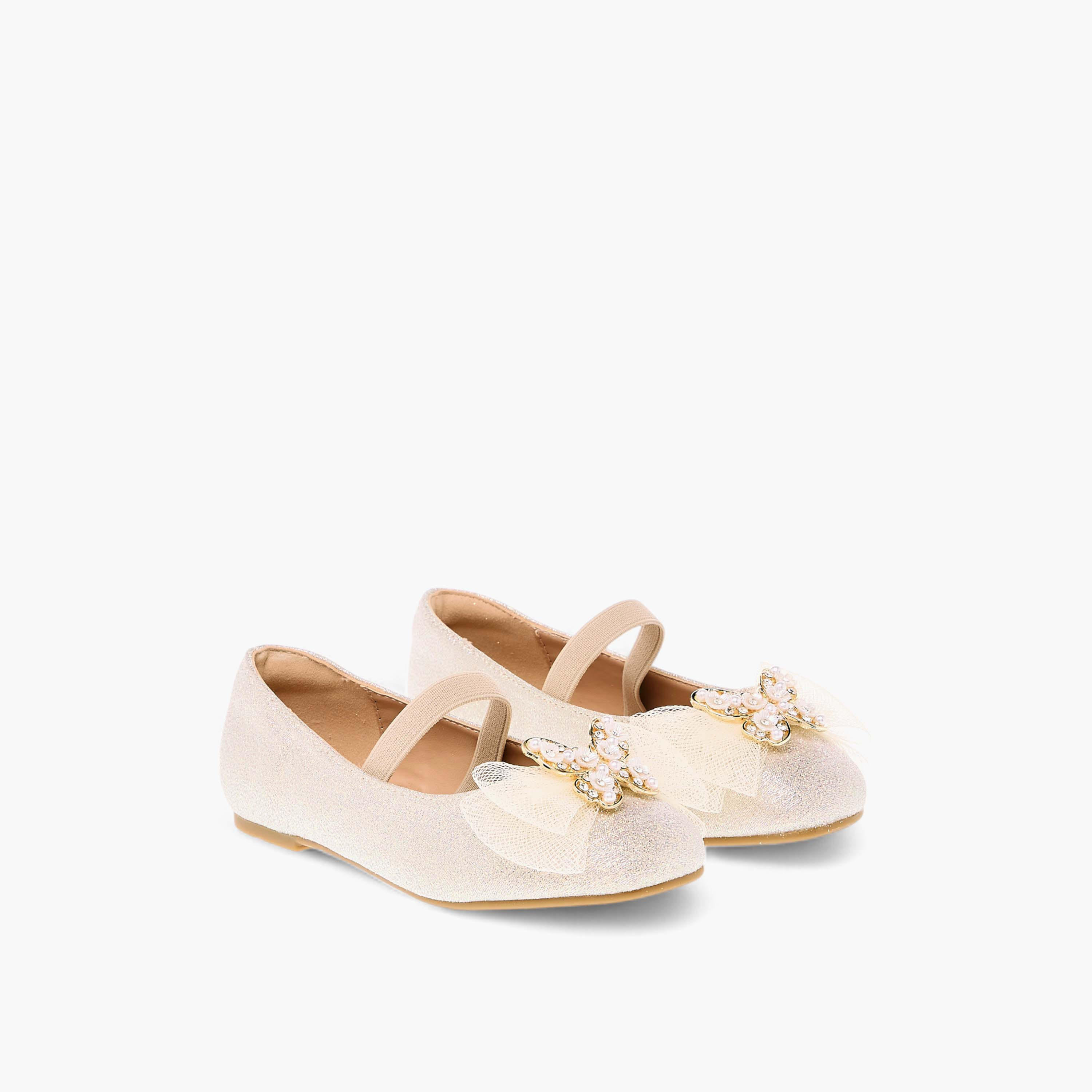 Juniors Embellished Butterfly Applique Ballerina Shoes with Elasticated Strap-girls-shoes-ballerinas-image-1
