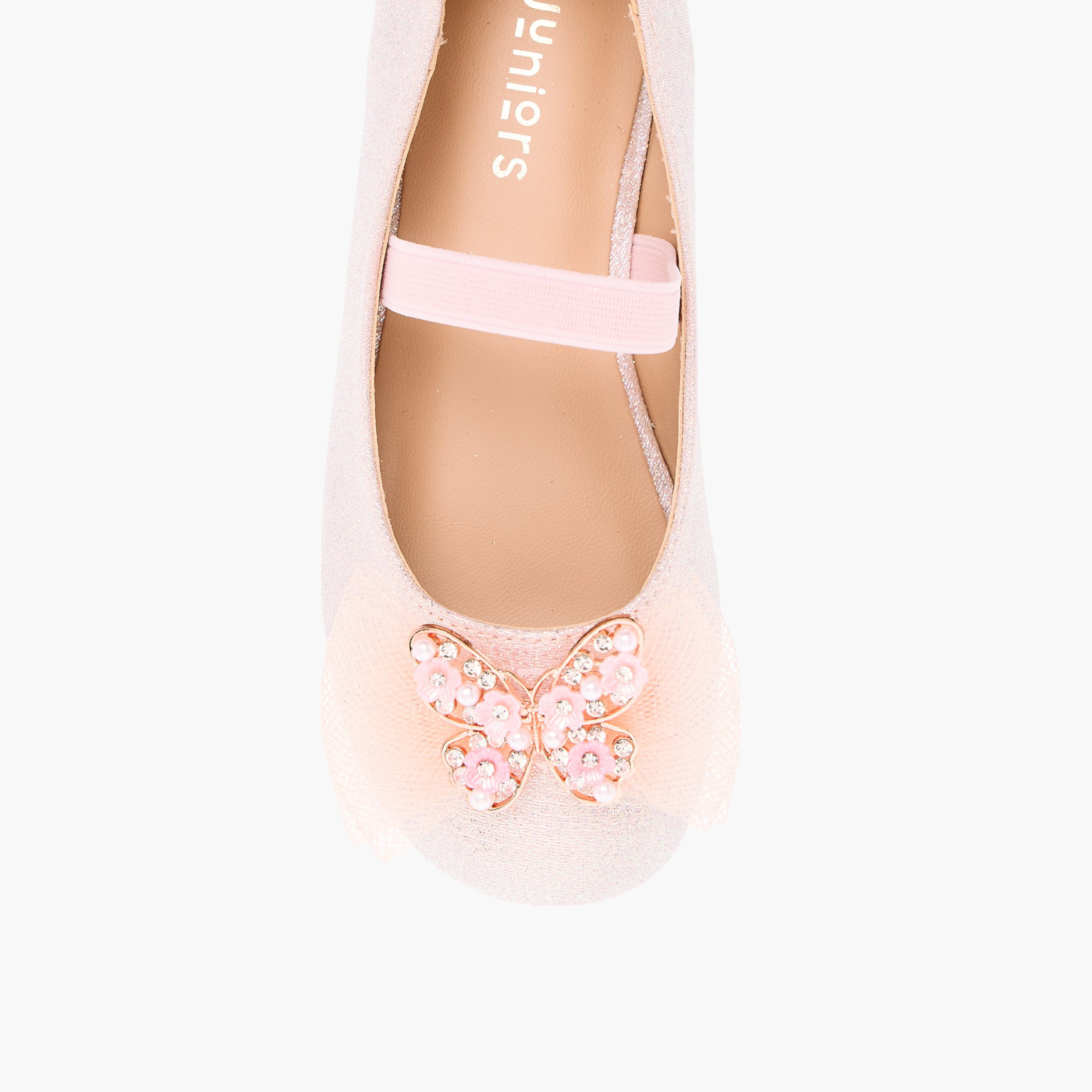 Juniors Embellished Butterfly Applique Ballerina Shoes with Elasticated Strap-girls-shoes-ballerinas-image-4