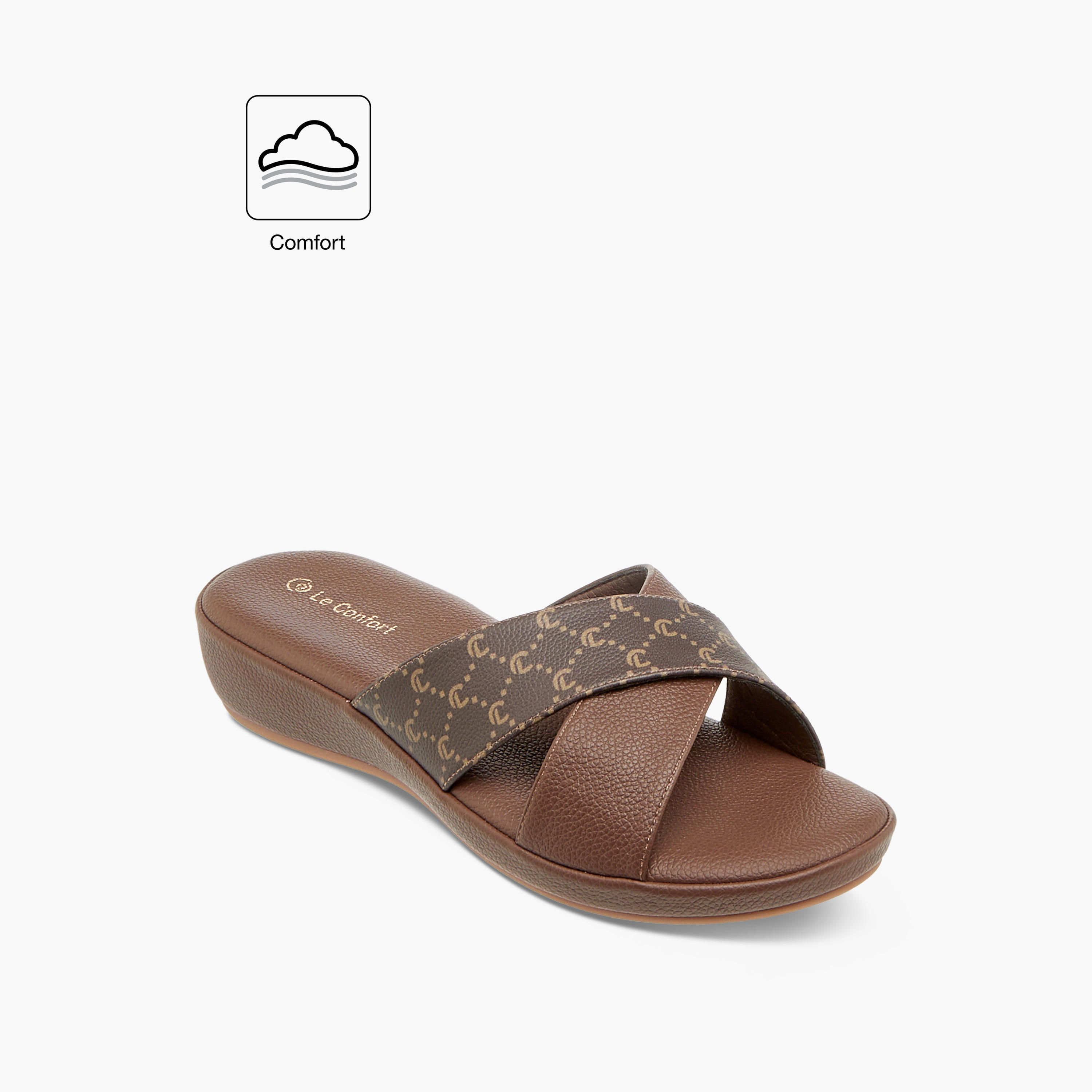 صندل مريح سهل الارتداء بأحزمة متقاطعة وطبعات مونوجرام من لو كونفورت-women-shoes-flats-sandals-image-2