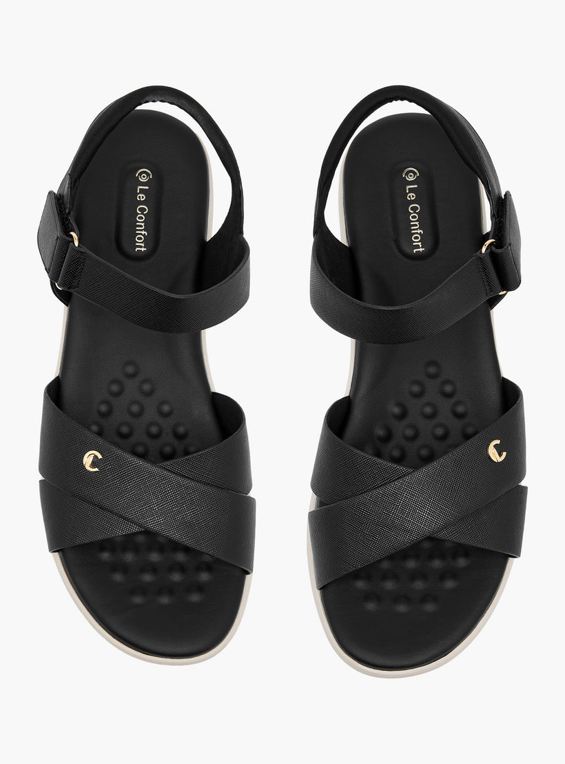 Le Confort Textured Cross Strap Comfort Sandals with Hook and Loop Closure-women-shoes-sandals-heeled-image-1
