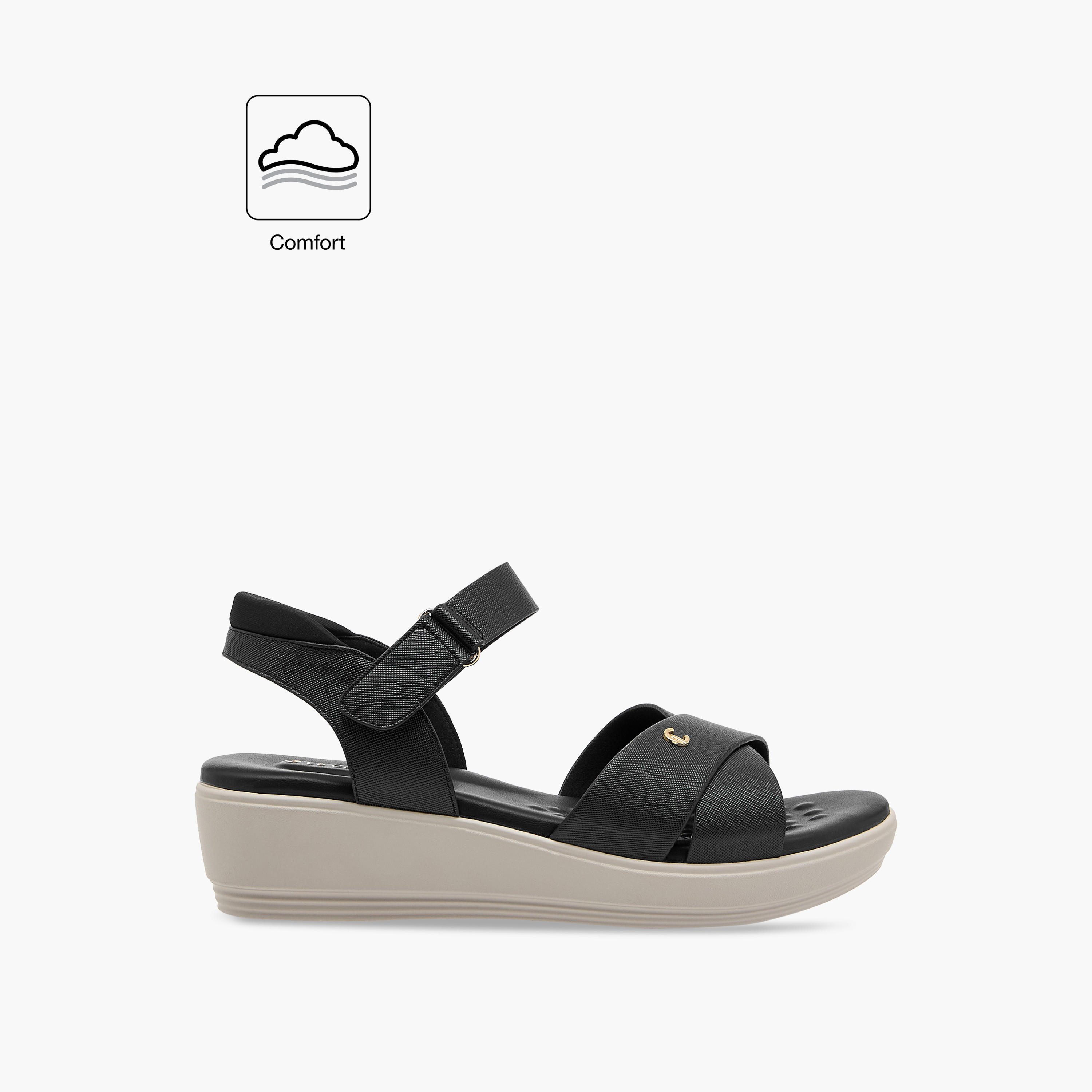 صندل مريح بارز الملمس بأحزمة متقاطعة وشريط إغلاق لاصق من لو كونفورت-women-shoes-sandals-heeled-image-2