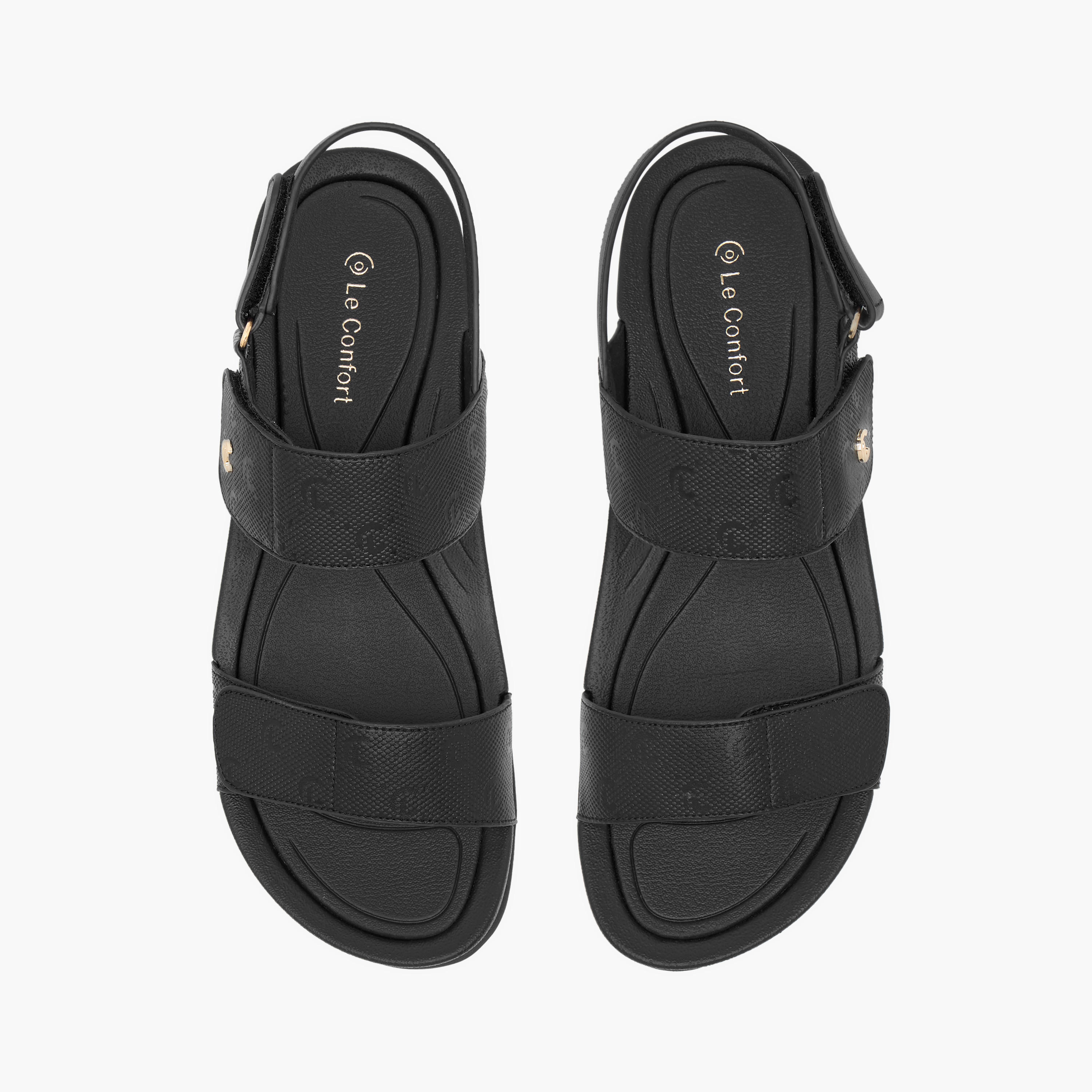 Le Confort Monogram Textured Strappy Comfort Sandals with Hook and Loop Closure-women-shoes-flats-sandals-image-1