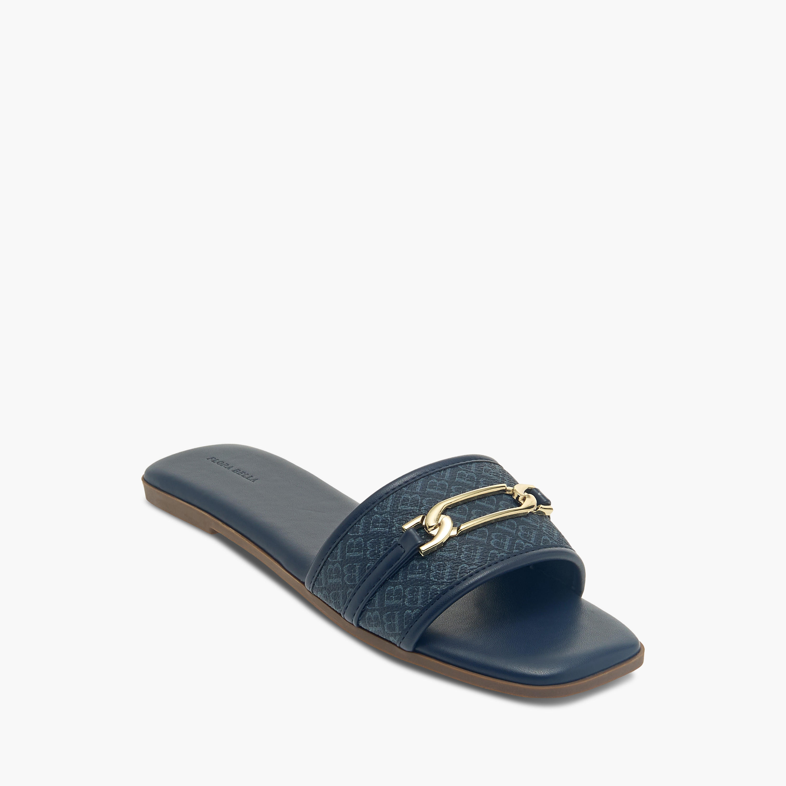 Flora Bella Monogram Print Slip-On Flat Sandals with Metal Accent-women-shoes-flats-sandals-image-2