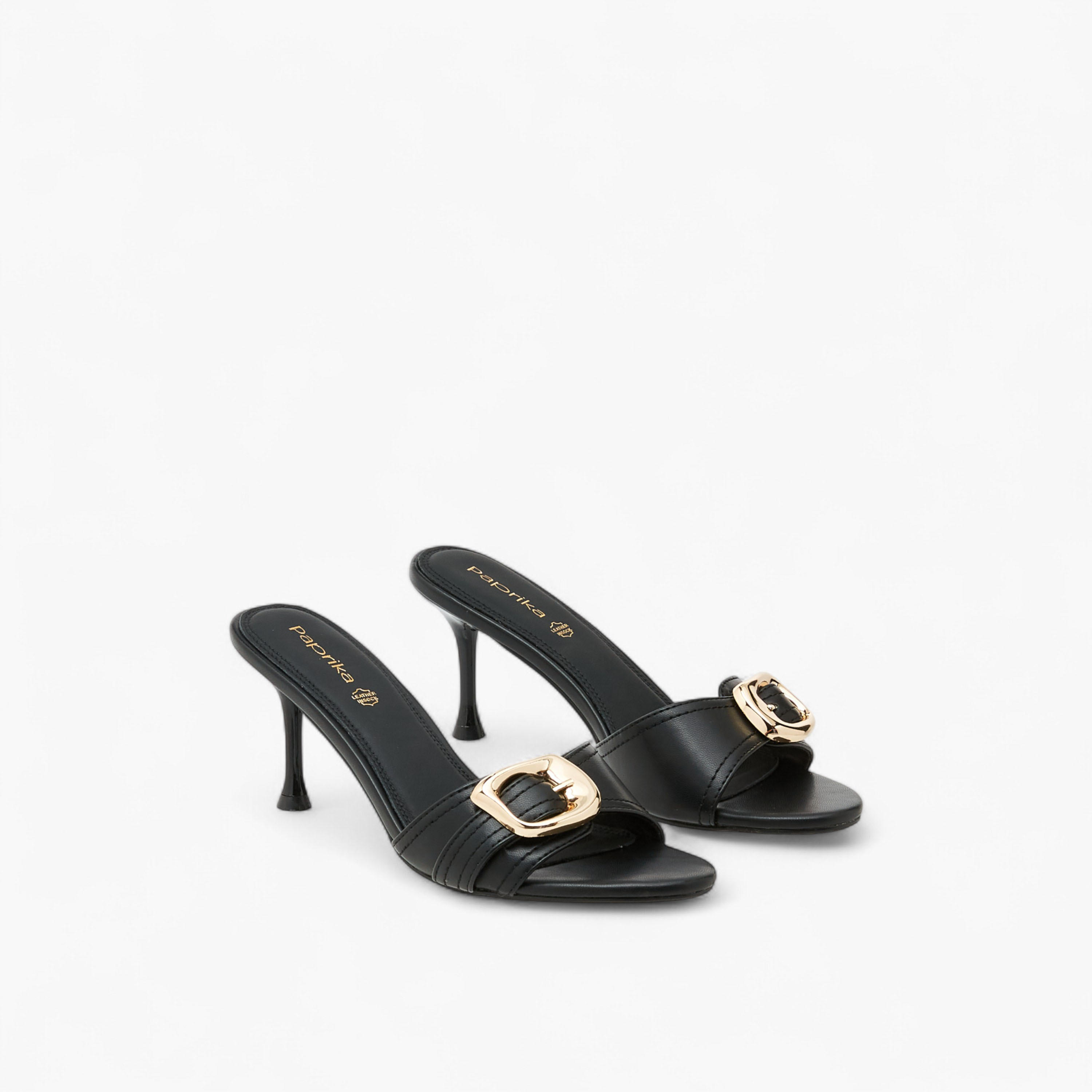 Paprika Buckle Accent Slip-On Sandals with Stiletto Heels-women-shoes-sandals-heeled-image-1