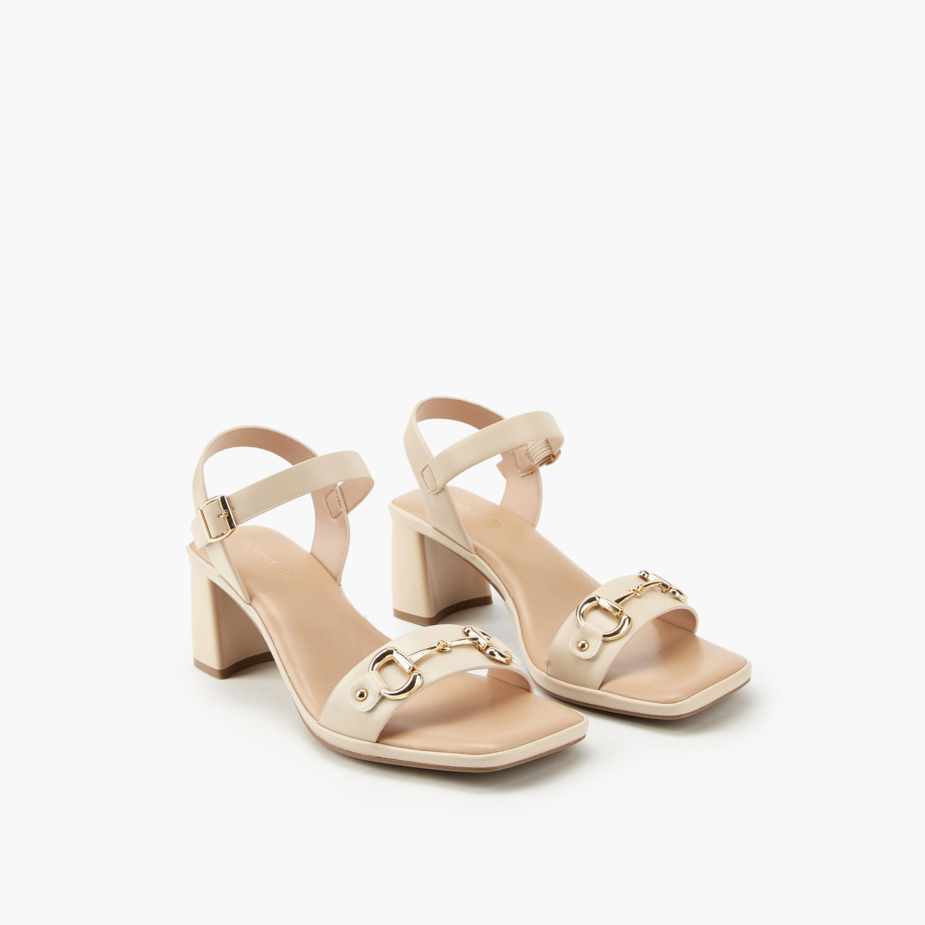 Paprika Metal Accent Block Heel Sandals with Buckle Closure-women-shoes-heels-image-1