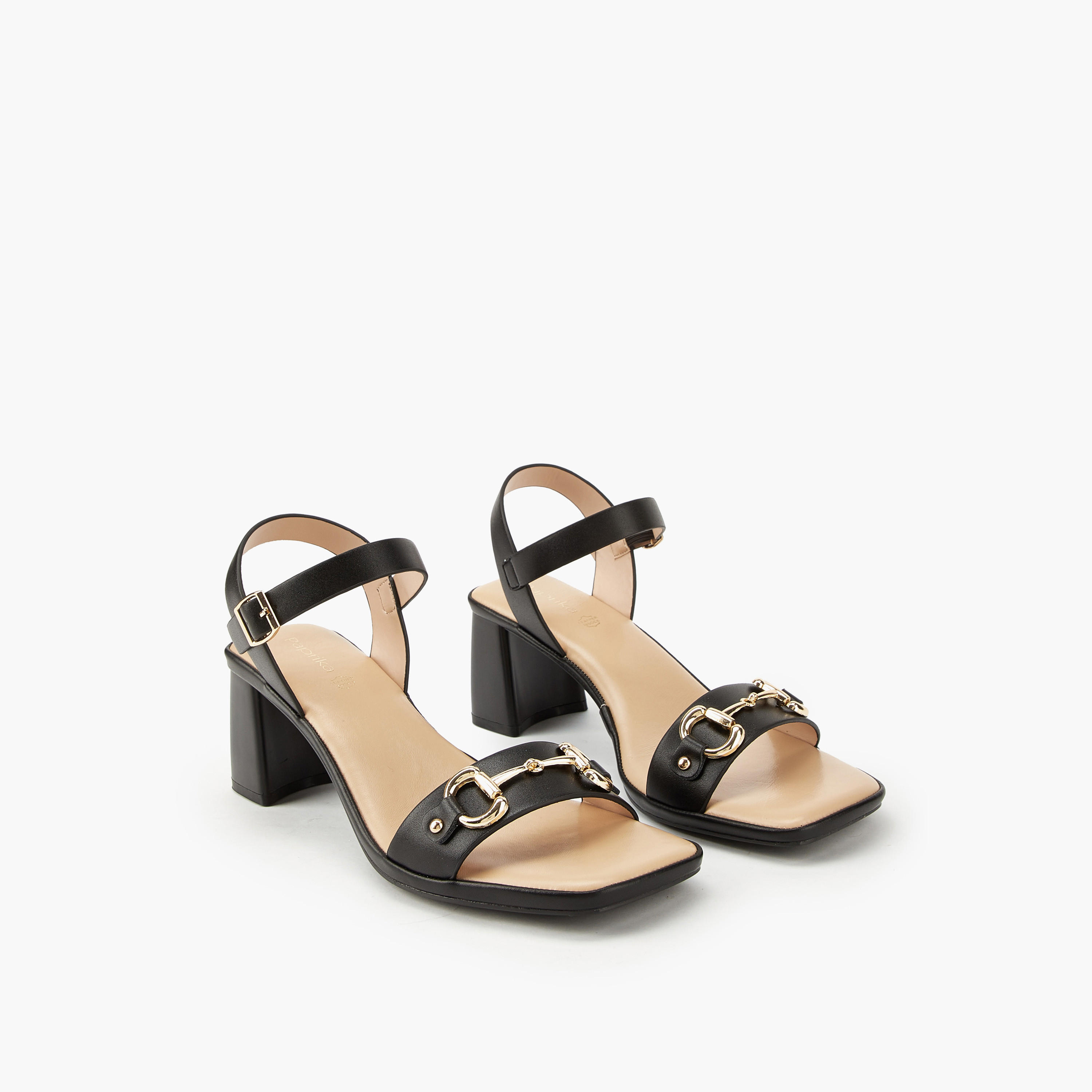 Paprika Metal Accent Block Heel Sandals with Buckle Closure-women-shoes-heels-image-1