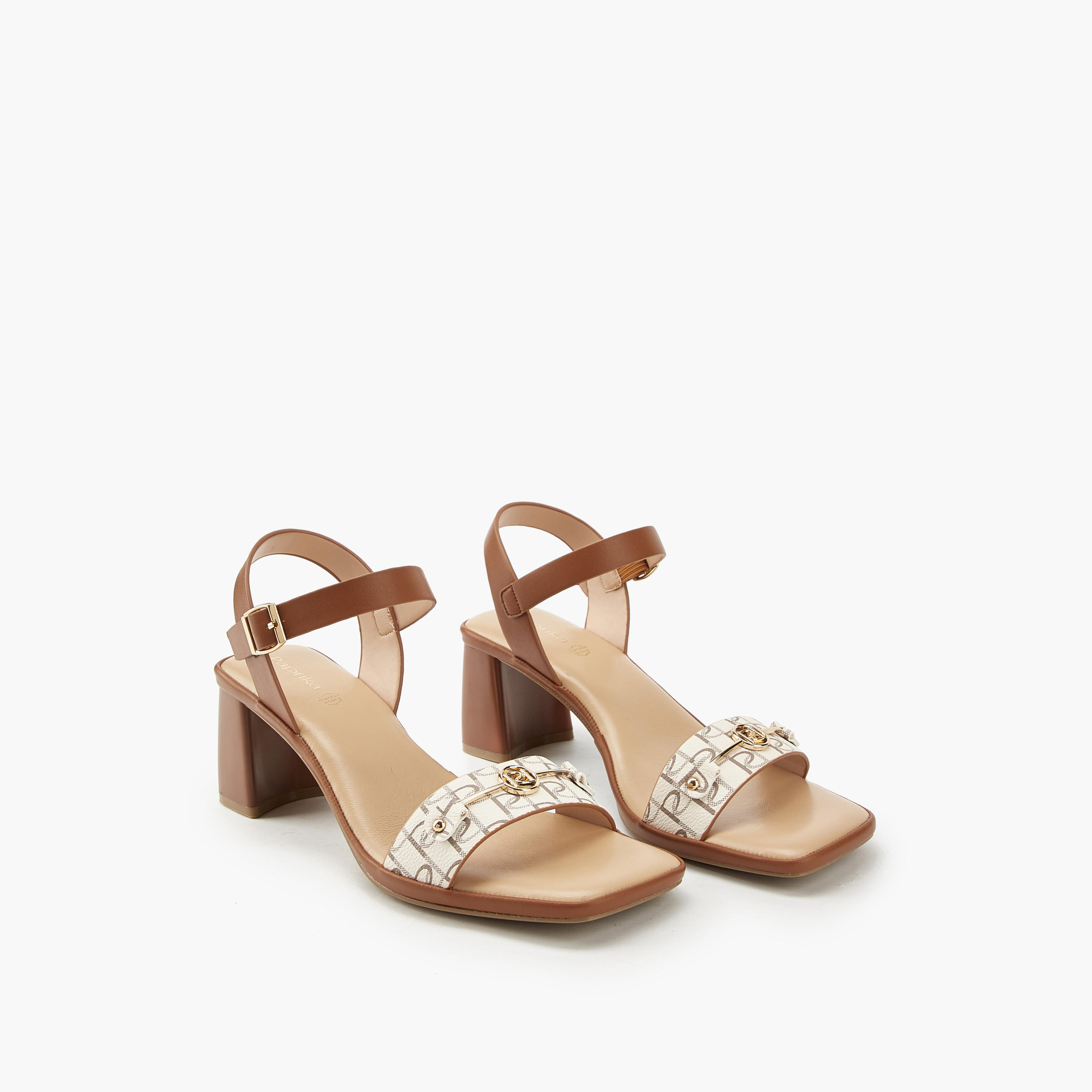 Paprika Metal Accent Block Heel Sandals with Buckle Closure-women-shoes-heels-image-1