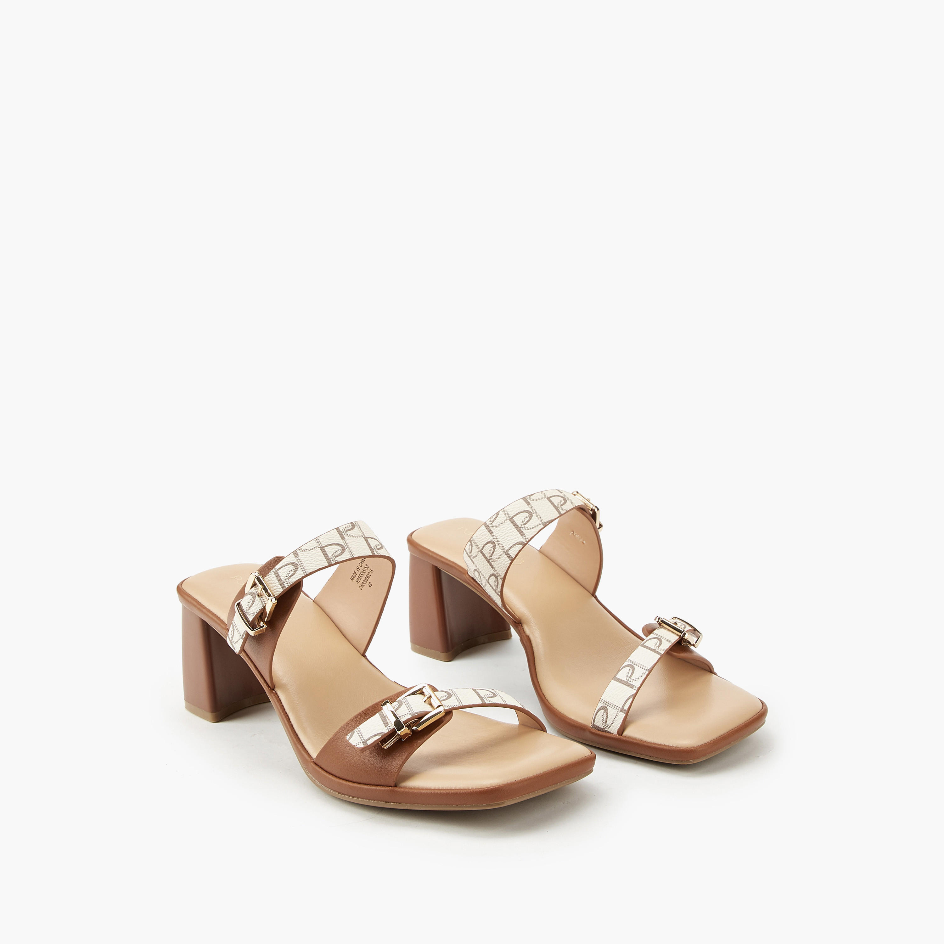 Paprika Buckle Accent Slip-On Sandals with Block Heels-women-shoes-heels-image-1