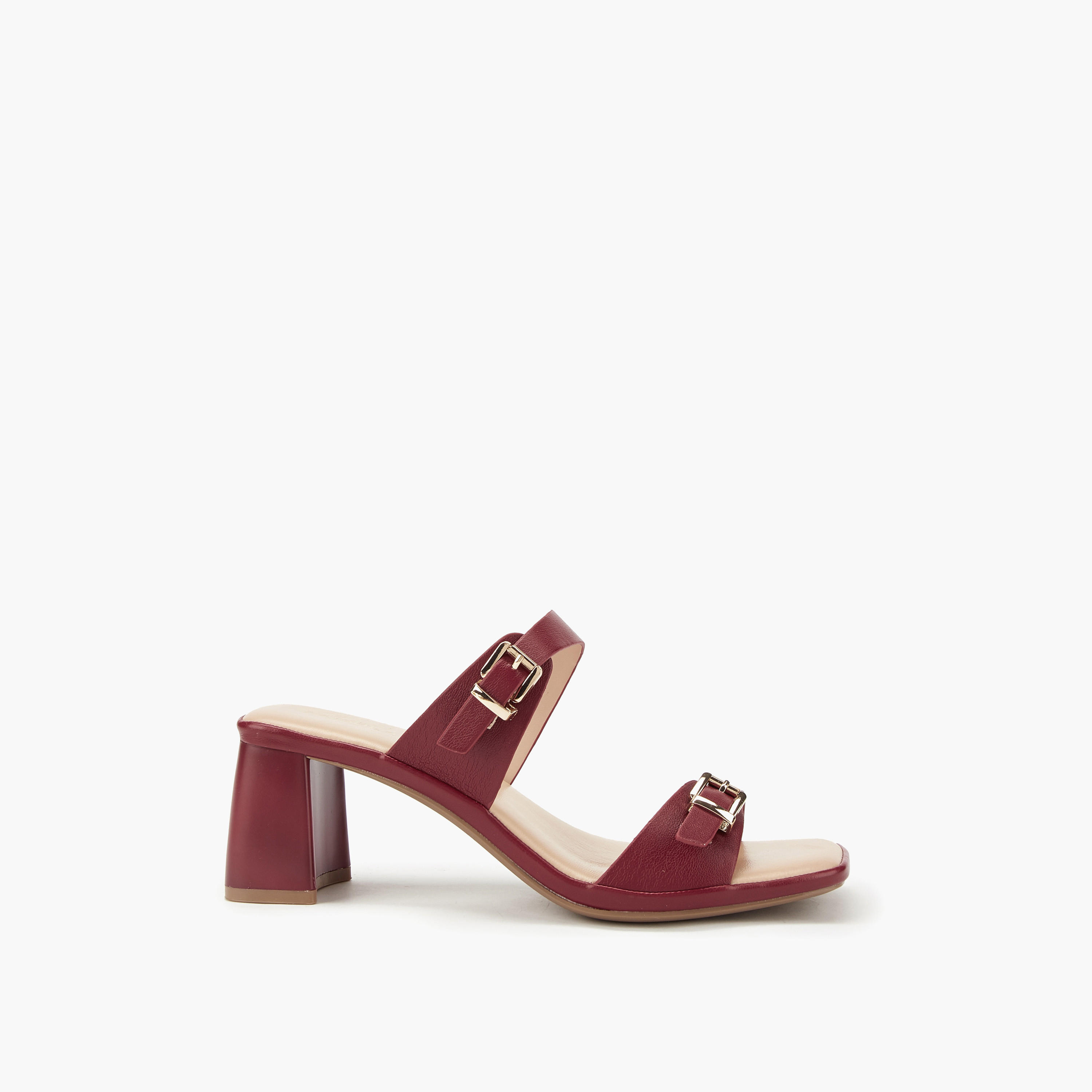 Paprika Buckle Accent Slip-On Sandals with Block Heels-women-shoes-heels-image-2