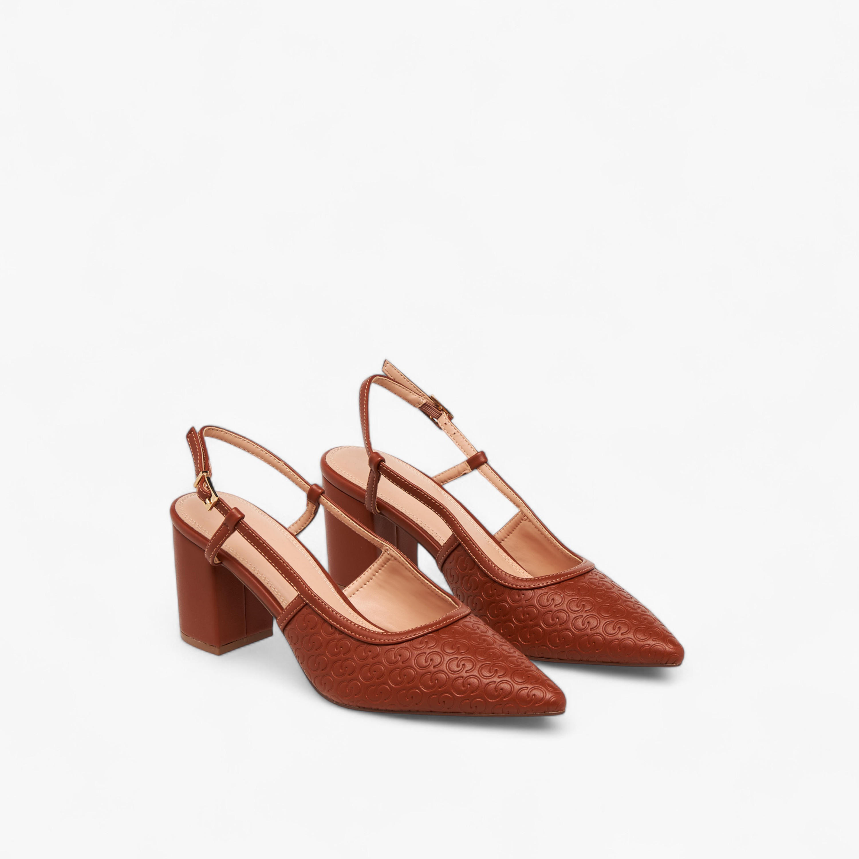 Celeste Women's Monogram Embossed Pointed Toe Shoes with Block Heels-women-shoes-heels-image-1