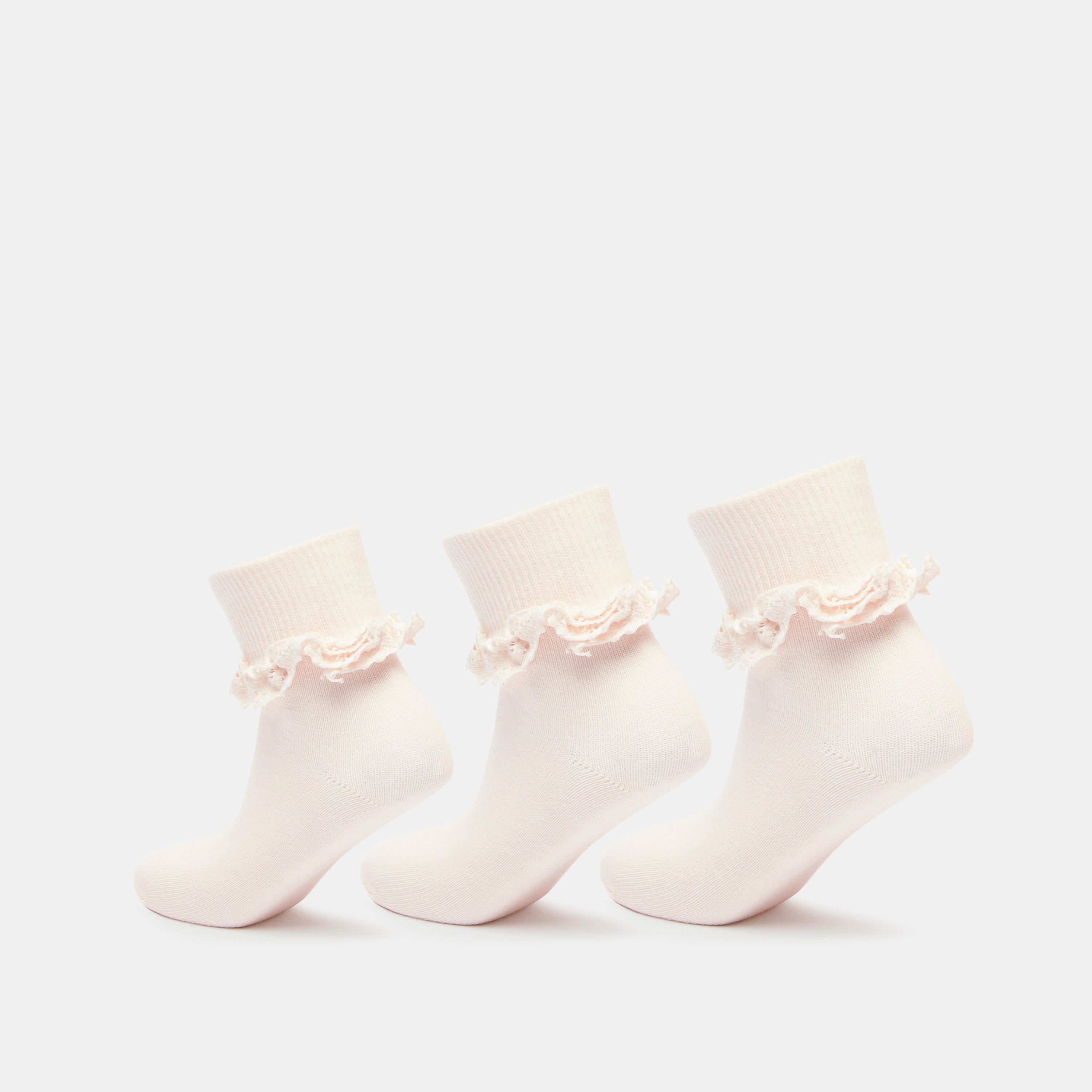 Solid Ankle Length Socks with Frill Detail - Set of 3-girls-accessories-socks-image-2