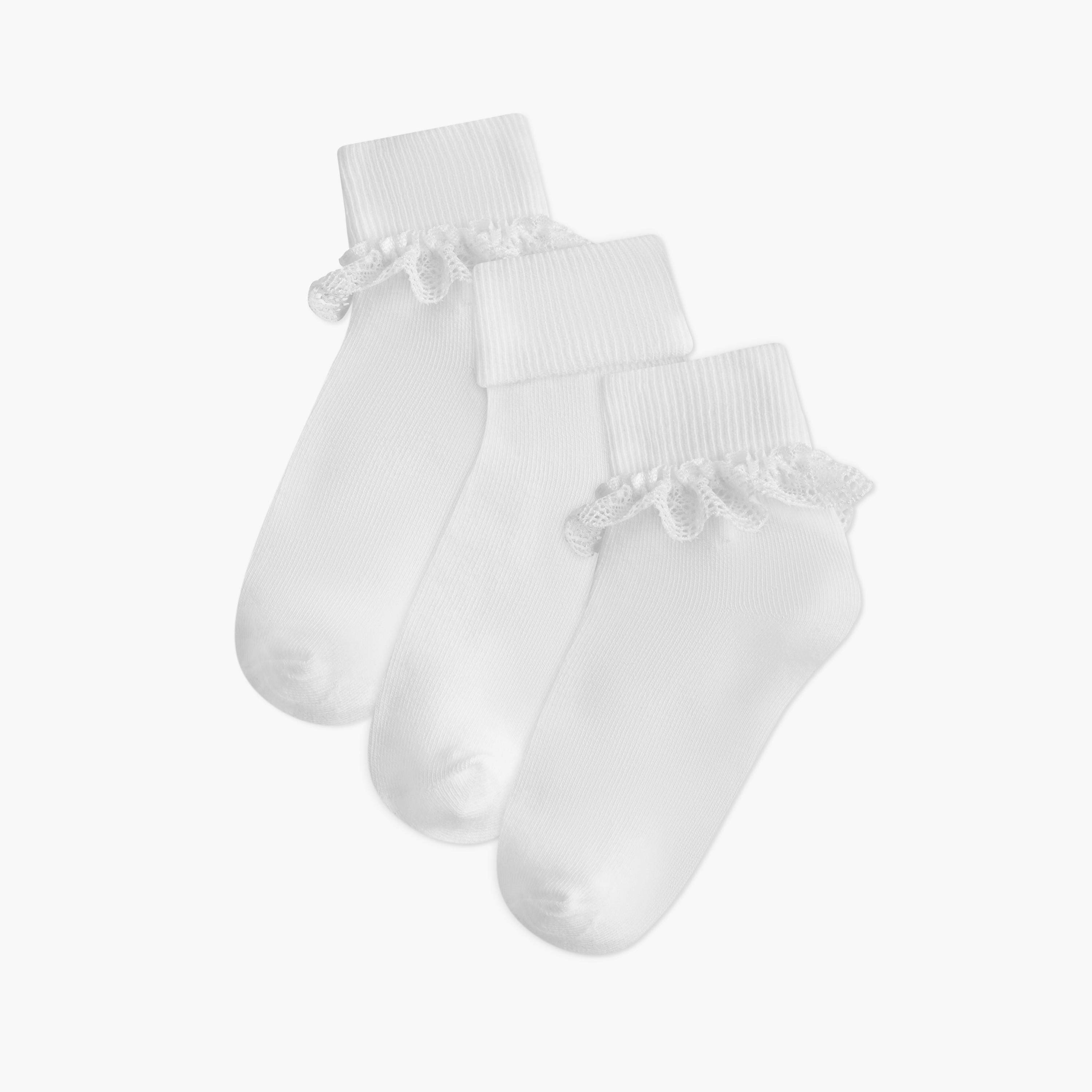 طقم جوارب مضلعة بدون تيري بطول الكاحل 3 أزواج مع تفاصيل كشكش من ليتل ميسي-girls-accessories-socks-image-1