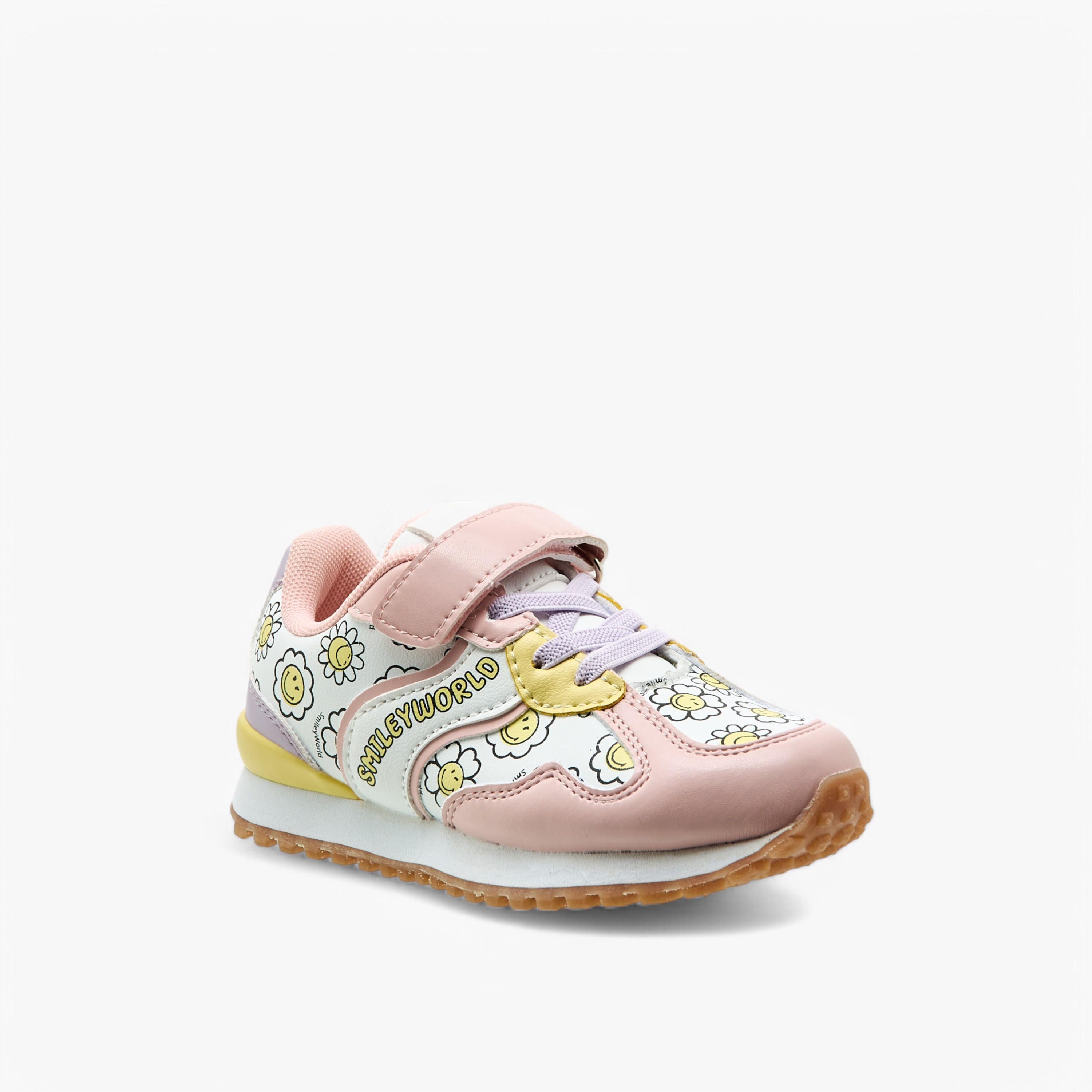 Smiley World Floral Print Sneakers with Hook and Loop Closure-girls-shoes-sneakers-image-2
