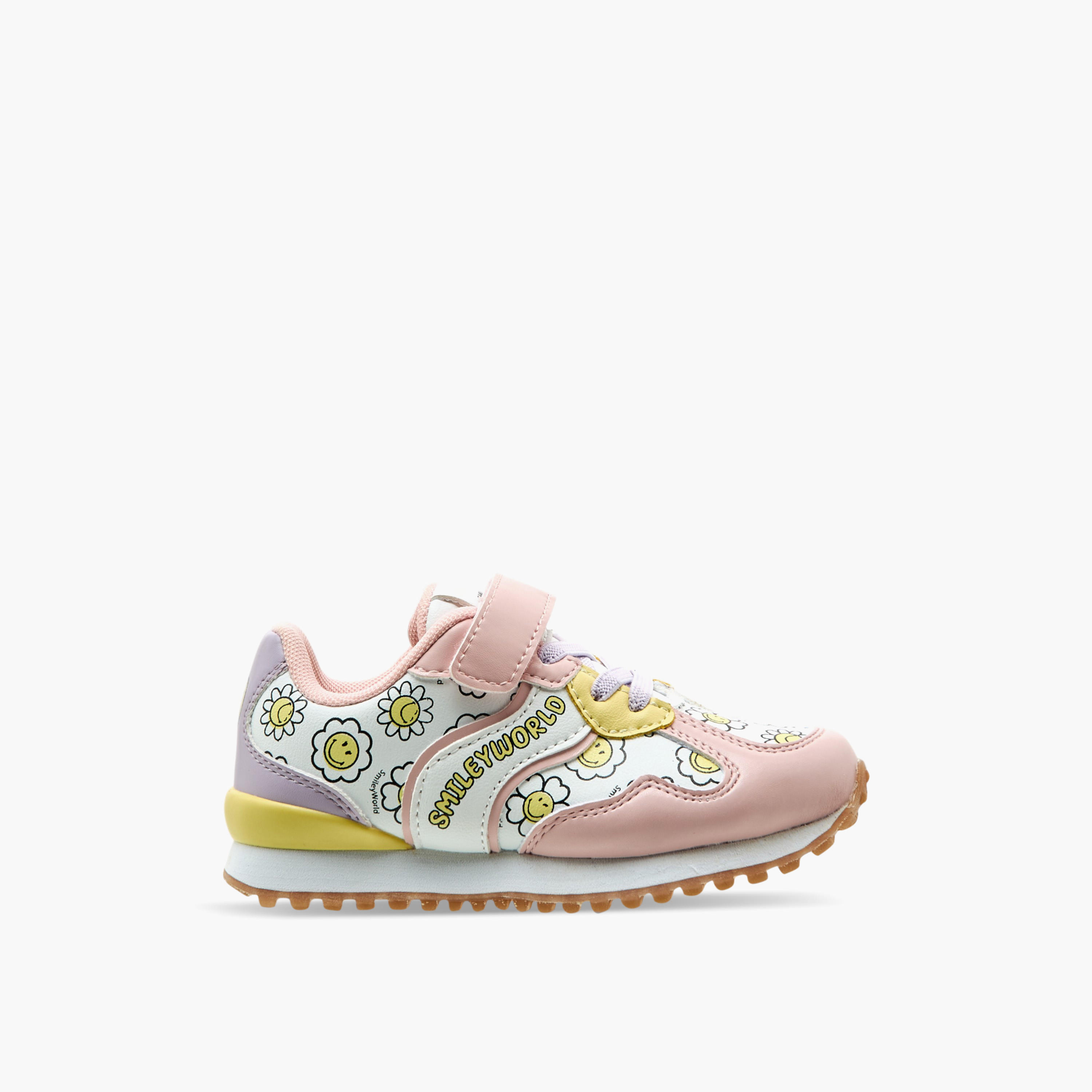 Smiley World Floral Print Sneakers with Hook and Loop Closure-girls-shoes-sneakers-image-3