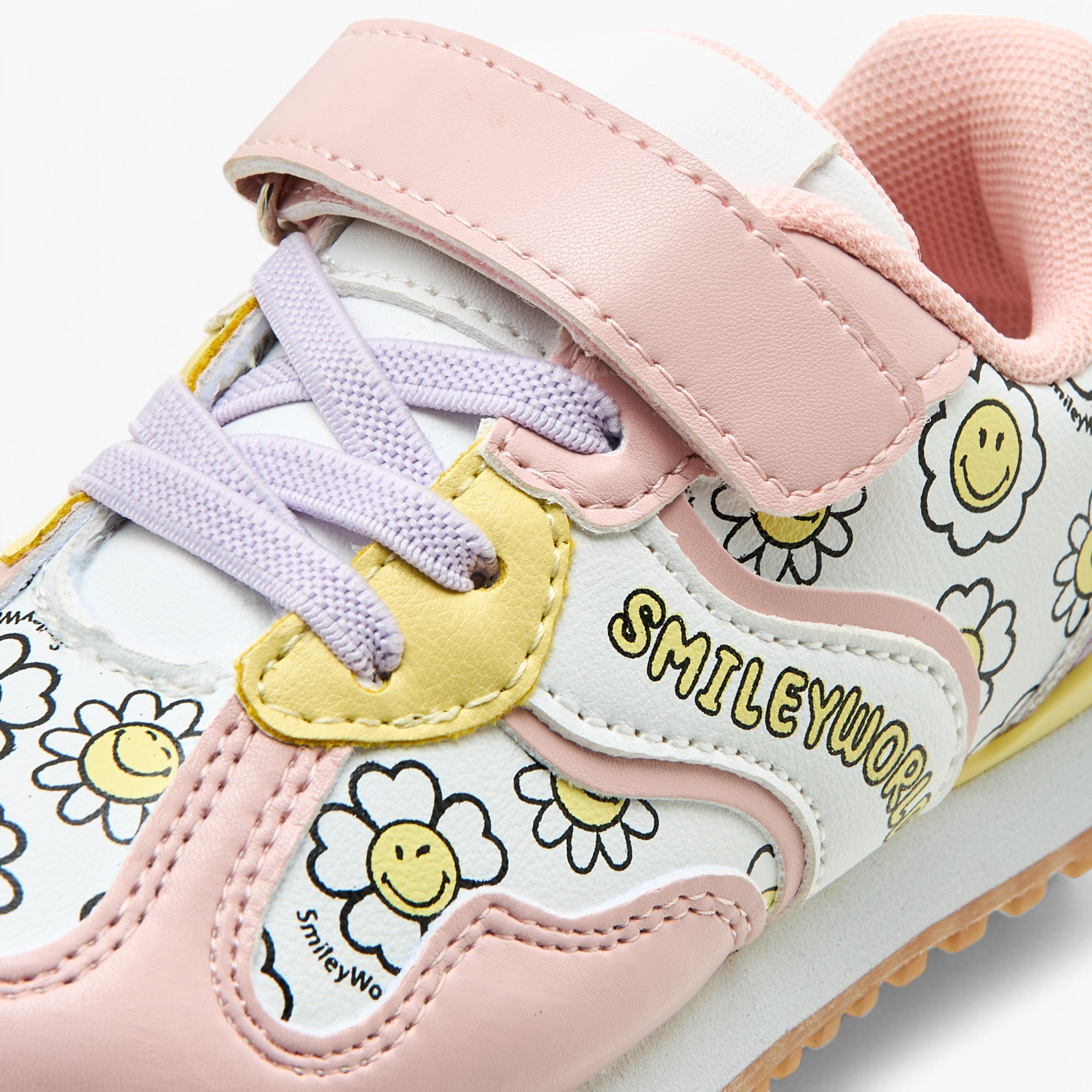 Smiley World Floral Print Sneakers with Hook and Loop Closure-girls-shoes-sneakers-image-4