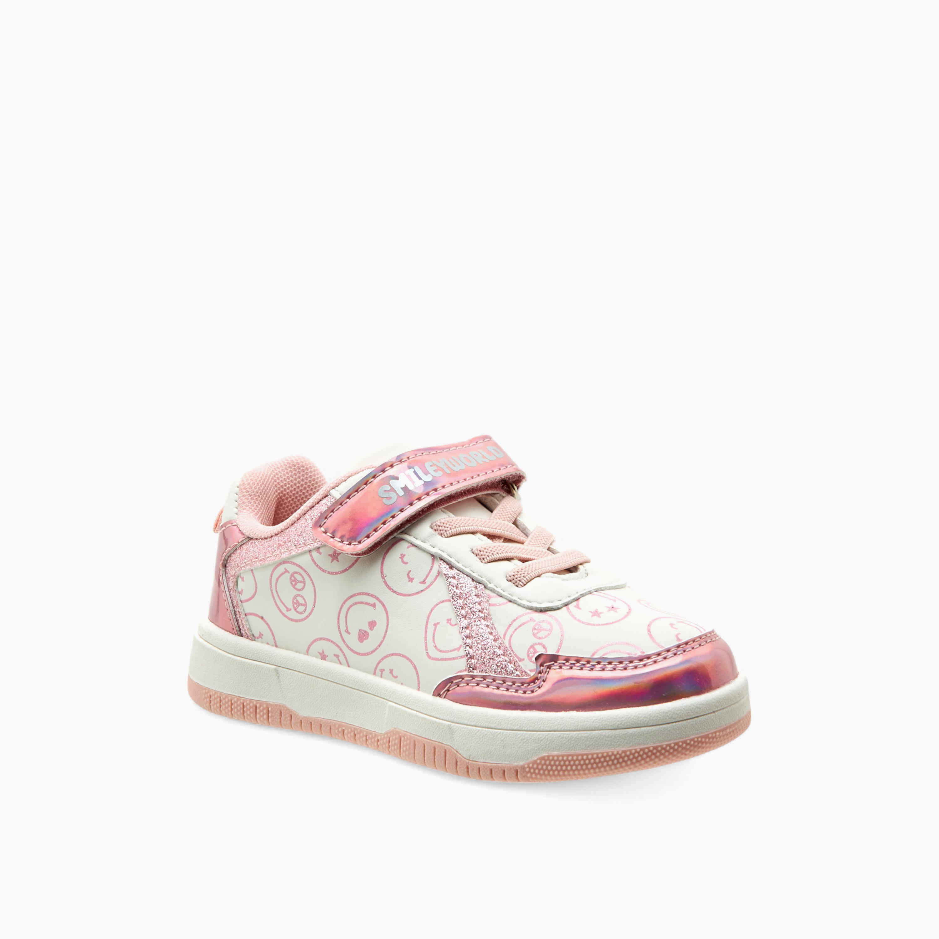 حذاء سنيكرز بشريط إغلاق لاصق وطبعات الشعار من سمايلي وورلد-girls-shoes-sneakers-image-4