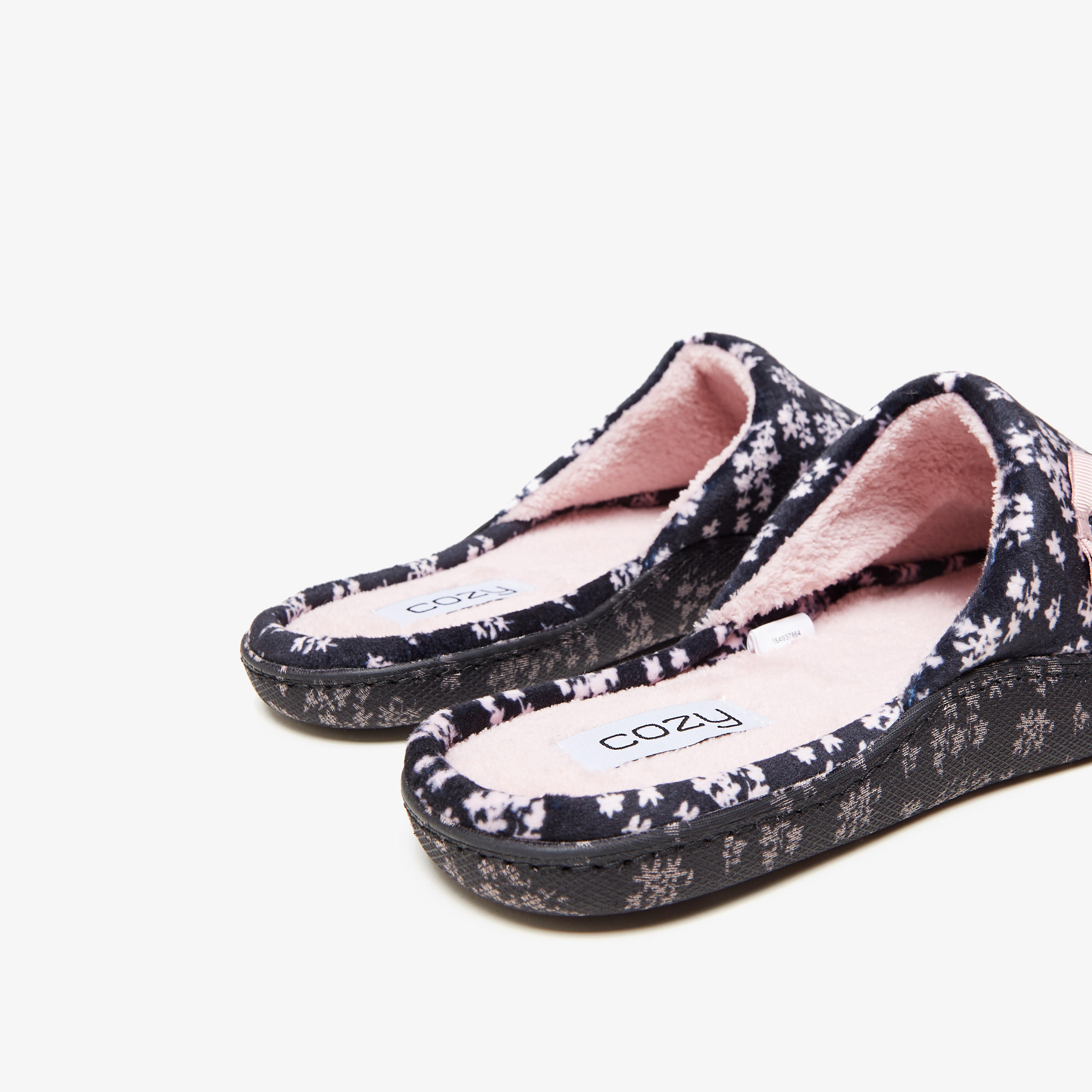 Cozy Printed Slip-On Bedroom Slippers with Bow Applique-women-shoes-bedroomslippers-image-3